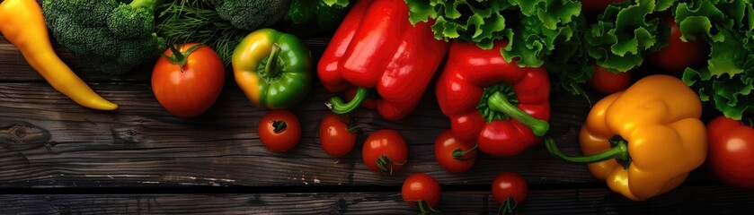A vibrant selection of fresh vegetables including peppers, tomatoes, and leafy greens on a rustic wooden table.