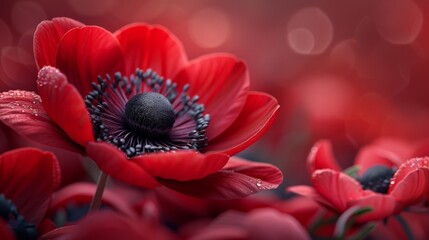 Detailed view of a red anemone flower in full bloom