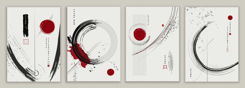 Modern poster with ink or paint splash brush stroke shapes and black and red round circles on white background in Japanese art style. Cover brochure banner or template copy space
