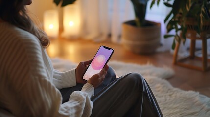 Individual engaging in mindfulness practice with a phone app showing soothing visuals and breathing instructions for achieving mental tranquility and stress reduction