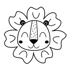 Black and white lion clipart. Retro animal face clipart. Groovy lion head clipart in cartoon flat style. Hand drawn illustration