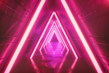 Holographic Neon light abstract background. Triangle tunnel or corridor sepia colors neon glowing lights