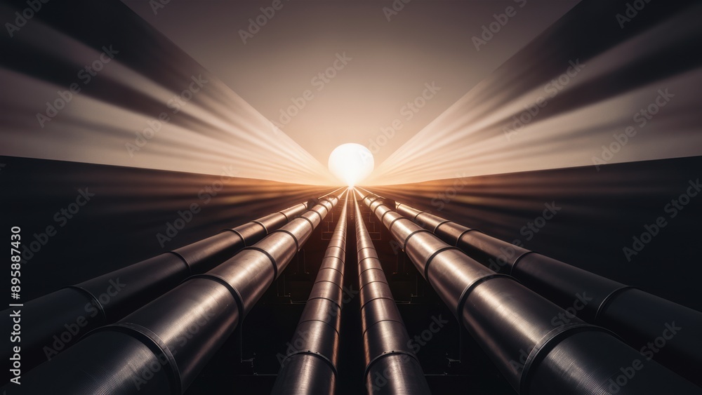 Poster A long pipe with the sun behind it and a bright light, AI