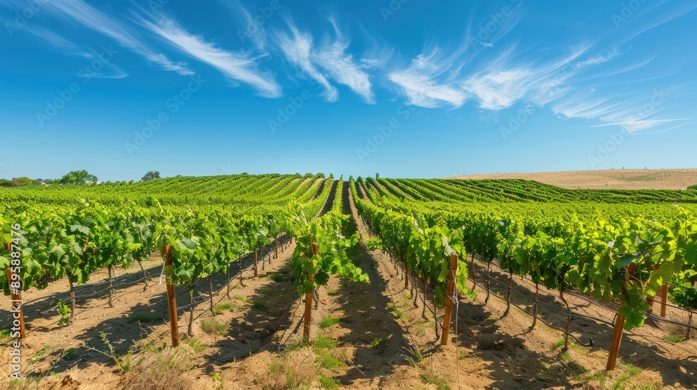 Poster a lush vineyard with rows of grapevines under a clear blue sky, with ample space above for text