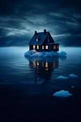 ironic picture from Greenland, a blue house floating on an little iceberg 