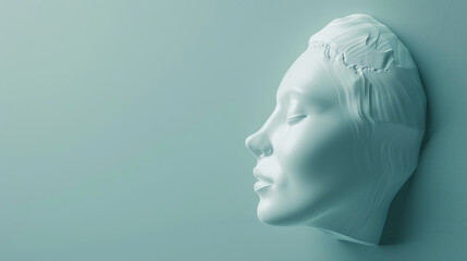 Obraz premium Modern art featuring a serene white sculpture of a head mounted on a wall, showcasing contemporary design.