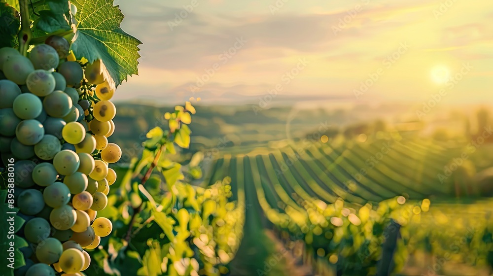 Poster a panoramic view of a vineyard with ripe grapes on the vines and a clear sky for text