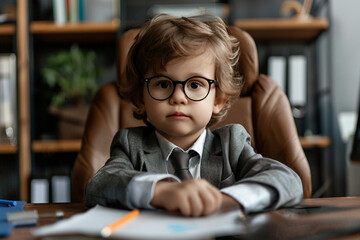 Created with generative AI technology picture of adorable small child like an adult in office