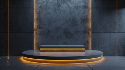 Elegant Minimalist Stage with Marble Backdrop and Warm Lighting