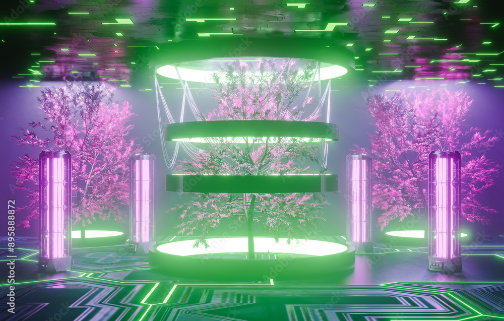 Aufkleber 3d rendering of trees with glowing lights in futuristic area
