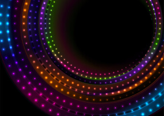 Colorful neon glowing dotted circles technology background. Vector futuristic design