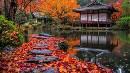 Obraz premium Serene Japanese Garden in Autumn Splendor background
