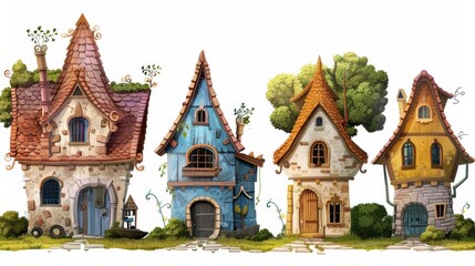 set of four cartoon houses, hut as in the game, buildings on a white background, generative AI
