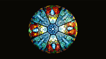 Stained glass angels. Background  for church banner design with colored historic stained glass cherubs. Vector illustration