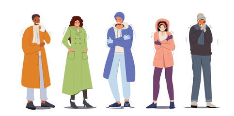 Set of Freezing People, Cold Weather Concept. Male and Female Characters Wearing Warm Winter Clothes  trembling feeling cold and unwell set. suffering cold weather and seasons.