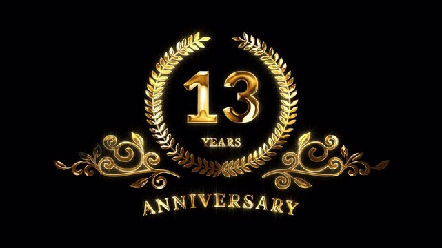 13th Anniversary Celebration. Happy 13 Years Anniversary Animation in Gold Color on the Transparent Background, Alpha Channel. Great for greetings, celebrations, events, and gifts.