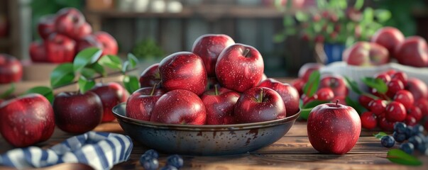 Fresh red apples in a rustic setting, surrounded by greenery and other fruits, captured in a cozy kitchen atmosphere.