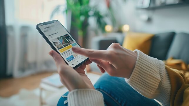 Person Using Mobile News App to Read Latest Headlines and Articles on Smartphone Screen in Tech Focused Environment