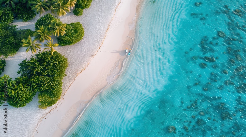 Wall mural a bird's-eye view of a beautiful tropical beach with white sandy shores, clear blue water, and gentl