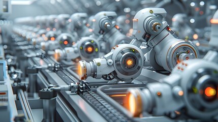 Fototapeta premium Ethereal Robotic Assembly Line Producing Cutting Edge Computing Hardware in a Factory