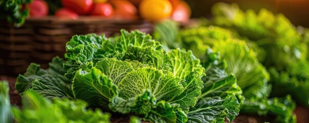 Fresh green cabbage and other vegetables on display at a farmers market, showcasing healthy and organic produce ready for sale.