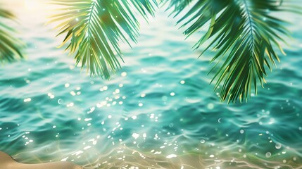 A close-up of a tranquil tropical beach with shiny sand and palm trees. Ideal for vacation themes and banners with space for text. Desktop wallpaper.