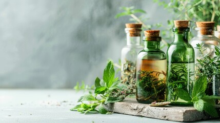 Natural Essential Oils with Fresh Herbal Leaves on Green Backdrop