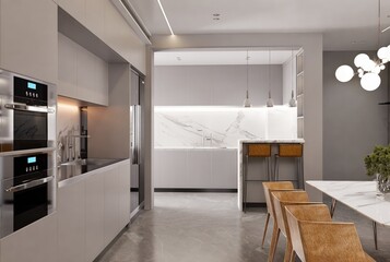 A modern kitchen with white cabinets and a white countertop.3D illustrator