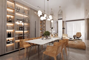 A modern living room with a large dining table and chairs.3D illustrator