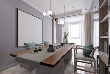 A large Chinese tea table brown tablecloth.3D illustrator