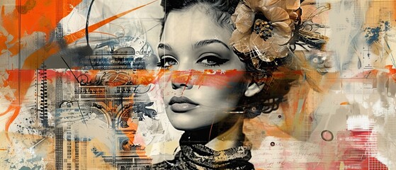 Artistic Portrait of a Woman with Floral Headpiece in Abstract Mixed Media Style