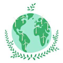 Wind turbines, eco green power industry. Renewable sustainable energy concept. Windmills, windpower on Earth globe. Alternative bio technology. Flat vector illustration isolated on white background