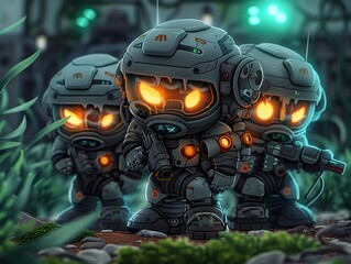 Fototapeta premium Futuristic Chibi Soldiers with Augmented Reality Gear in Moody Industrial Backdrop