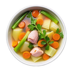 Chicken broth with veggies on white bowl top view isolated on transparent background