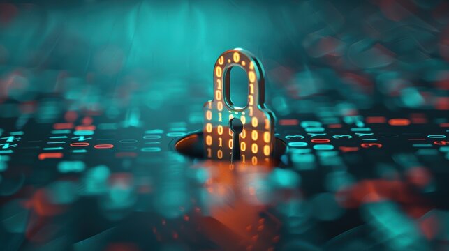 A conceptual image of a keyhole with binary code patterns, representing the role of encryption and strong passwords in cybersecurity.