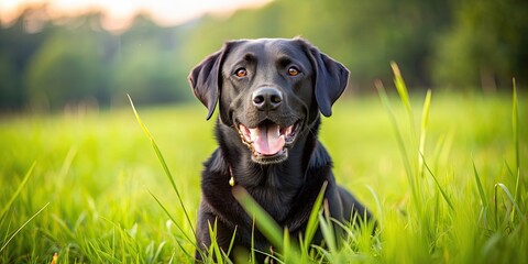 Friendly black labrador retriever playing in a green field, dog, pet, canine, playful, outdoor,...