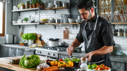 Fototapeta premium Professional Chef Preparing Organic Salad in Modern Kitchen