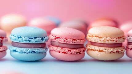 Obraz premium Colorful pastel French macarons in pink, yellow, blue, and lilac on a pink background. Delicate, sugary texture perfect for celebrations or afternoon tea, offering luxury indulgence.