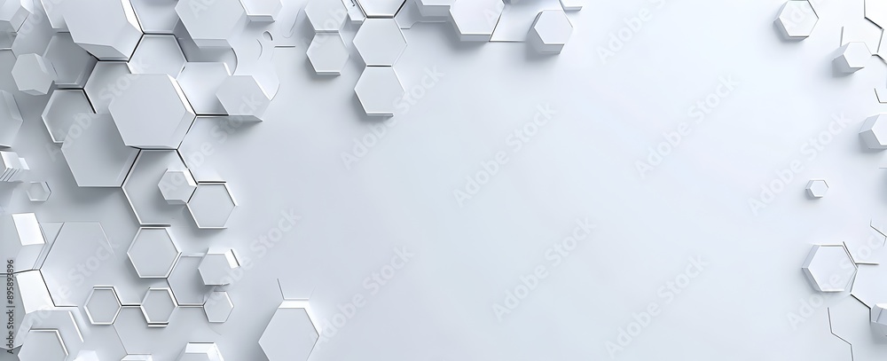 Poster white background with white hexagons on the left and right sides, creating an abstract geometric pat
