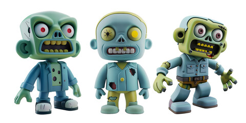 Set of simple 3D icon cartoon zombie, isolated on transparent white background