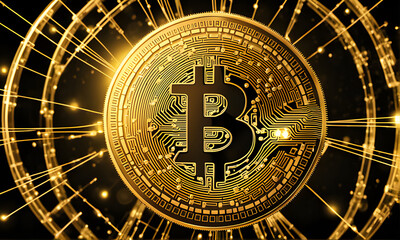 Naklejka premium Golden Bitcoin Coin With Circuit Board Pattern and Interconnected Lines