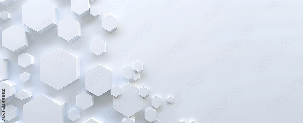 Poster white background with white hexagons on the left and right sides, creating an abstract geometric pat
