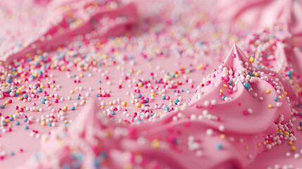 Obraz premium A bright pink background with colorful candies, meringues, and confectionery sprinkles, perfect for a fun holiday theme like a birthday or Valentine's Day, with space for text.