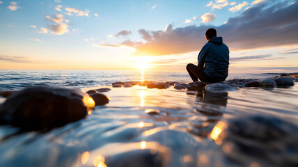 A person sitting by the shore, reflecting on life as the sun sets over the ocean.