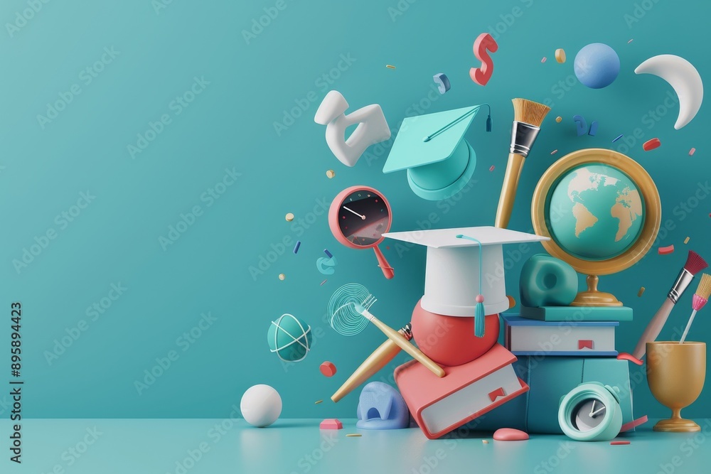 Poster an academic cap surrounded by student learning elements and a blue background. 3d rendering.