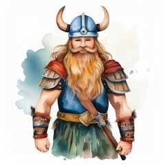 Watercolor Viking man on helmet
