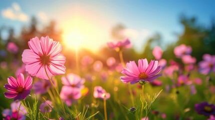 Obraz premium Vibrant Field of Pink Cosmos Flowers Blooming in Golden Sunlight