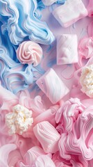 Fototapeta premium Macro shot of pastel marshmallows, camera moving slowly along curves. Soft lighting highlights texture. Whimsical, delicate.