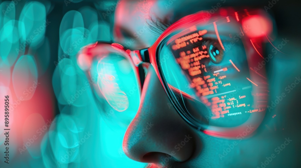 Poster a close-up of a cybersecurity professional examining lines of code on a computer screen in a securit