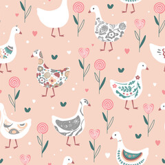 Cute geese or ducks with various patterns on their plumage on pink background. Trendy seamless pattern.